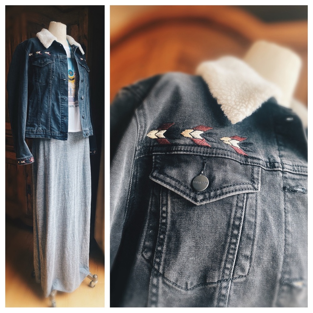 Free People x Driftwood Charcoal Denim Jacket - Aztec Embroidery - Size XL NWOT - Picture 7 of 13